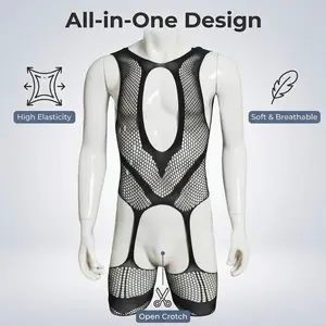 V03 Romantic Fishnet Bodysuit for Men - Stretchy & Breathable Mesh Lingerie, Perfect for Date Night, Anniversary Surprises & Valentine's Day Gifts Fishnet Lingeries Fish Net Underware NetLingeries charm Punk Leather Waist Chain Belt Set sexy Lace and