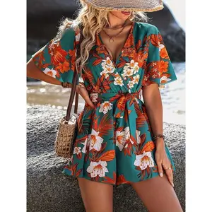 Floral Print Surplice Neck Romper Vacation Style Ruffle Sleeve Tie Waist Fabric Fit Womenswear Beach Collar Elegant Overalls Polyester Short Slim Suits Chic Shortsleeve Vneck