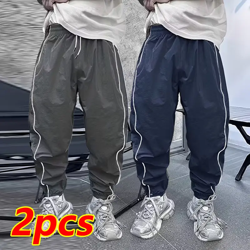 Men's Casual Loose Fit Sports Pants - Street Style Solid Color Outdoor Jogging Pants with Striped Side Panels and Pockets, Elastic Waistband with Drawstring - Adjustable Fit, Breathable Comfort, Suitable for Everyday Wear, Exercise, Running Summervibes