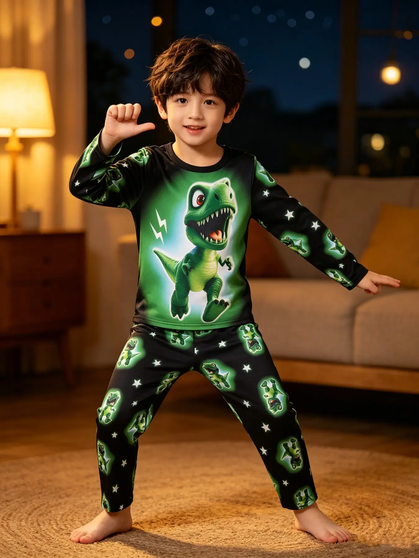 Dinosaur Print Round Neck Spring Fall Long Sleeve Pajama Set, Cute Loose-Fitting Home Wear Sleepwear for Kids