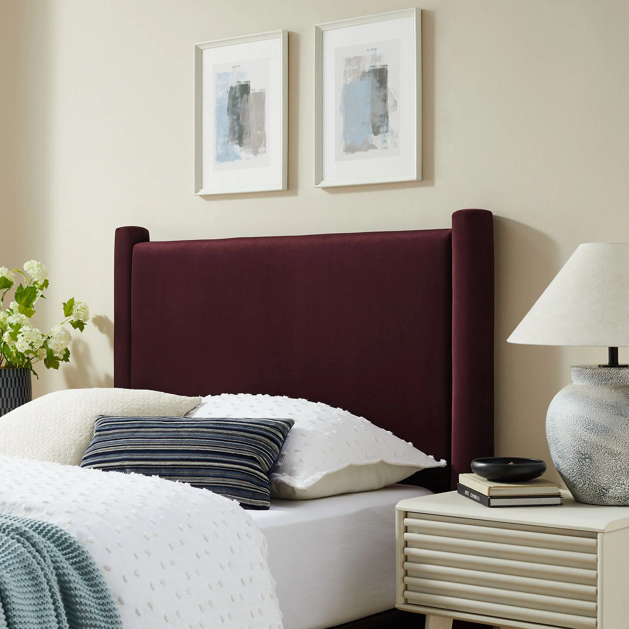 Rael Mulberry Performance Velvet Upholstered Padded Headboard for Bed - Modern Twin Size, Plush Feel, Vertical Posts, Assembly Required, Ideal for Guest Bedroom, Twin Headboard
