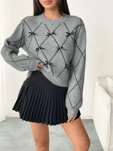 Diamond Pattern Bow Detail Sweater