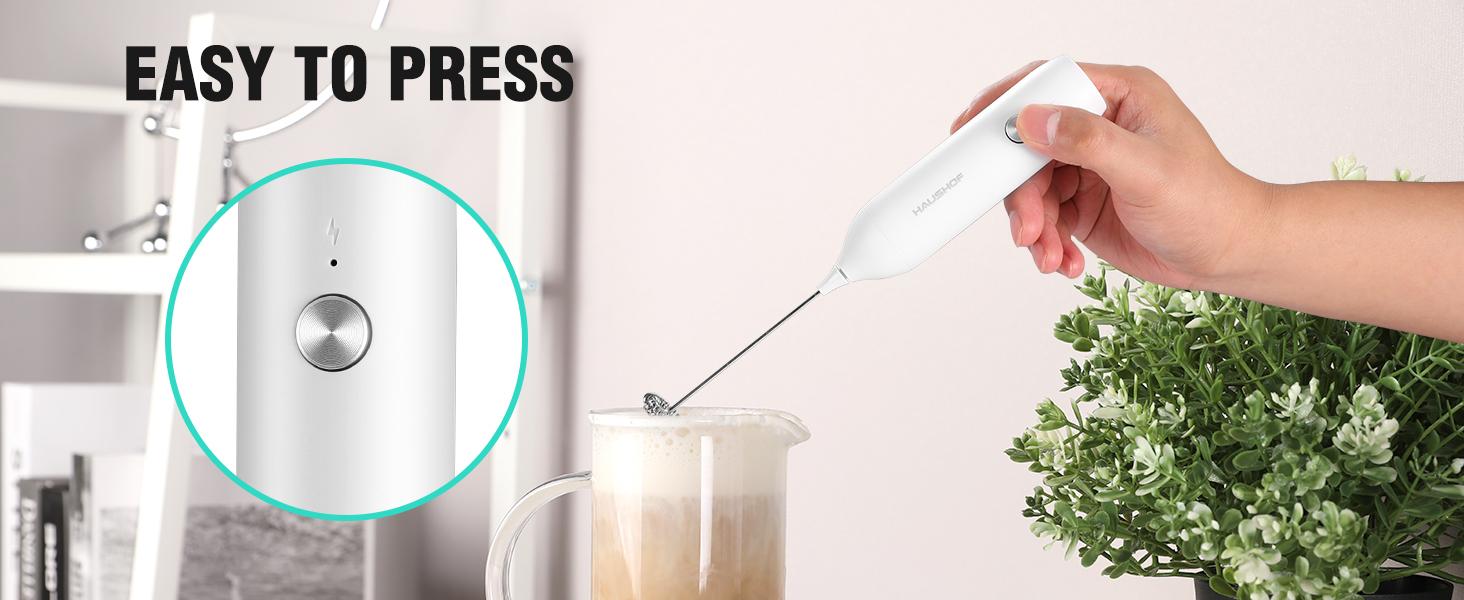 #backtoschool HAUSHOF Powerful Rechargeable Milk Frother Wand, Handheld Electric Foam Maker, Drink Mixer with Detachable Stainless Steel Whisk for Coffee Latte, Cappuccino, Matcha, No Stand, White