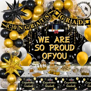 Graduation Decorations 2026 Black and Gold, We Are So Proud of You Decorations 2026 College Graduation Party Class of 2026 Congrats Grad Banner Tablecloth Star Foil Balloons Backdrop Decor for Grad