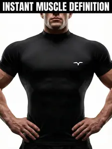 1pc Men's Muscle Definition Compression Tee, Black Mock Neck Athletic Top with Minimalist Bird Logo, Physique Enhancing Gym Wear for Training, Gym T Shirts, Gym Sportswear, Gym Tops