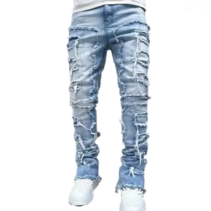 Streetwear Fashion Designer Men's Denim Pants Personalized Patchwork Tassel Slim Fit Elastic Waist Small Straight Leg Outdoor Casual Jeans for Men