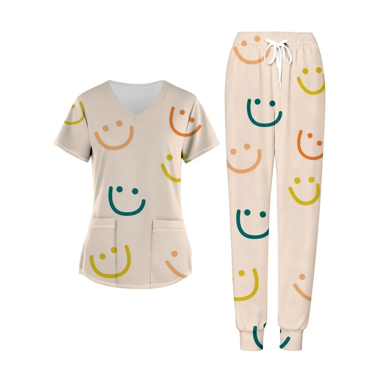 Women's Colorful Smile Print V-Neck Scrub Set with Pockets - Comfortable Uniform for Nurses and Staff
