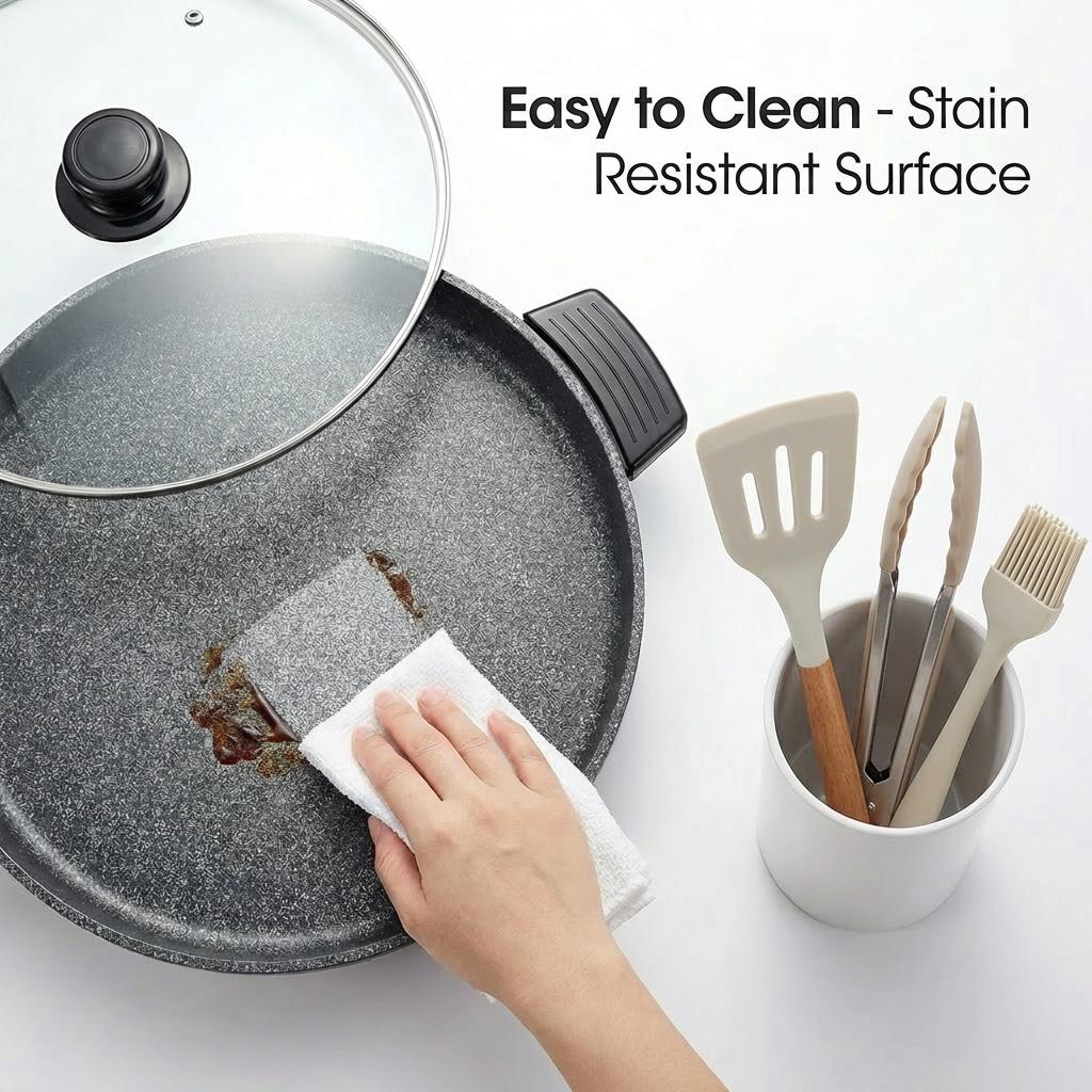 PRTYY Multifunctional Cooker, 40cm Round Electric Skillet with Frying Pan Function, 4cm Deep Non-Stick Surface, 5-Level Temp Control, Glass Lid, Fry Roast Simmer Capabilities, Ideal for Family Meals