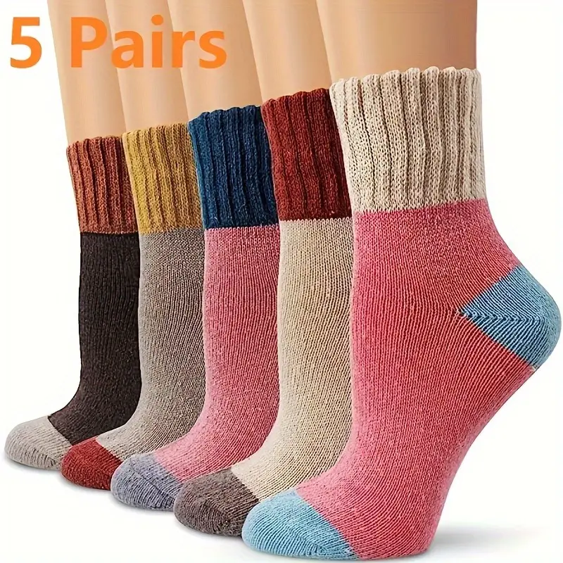 5 pairs of women's warm winter socks, women's thick knitted warm and comfortable short socks, retro style socks, Christmas gifts | Autumn Winter Fashion / Mid-Calf Socks / Women's Thermal Socks Womenswear Plaid