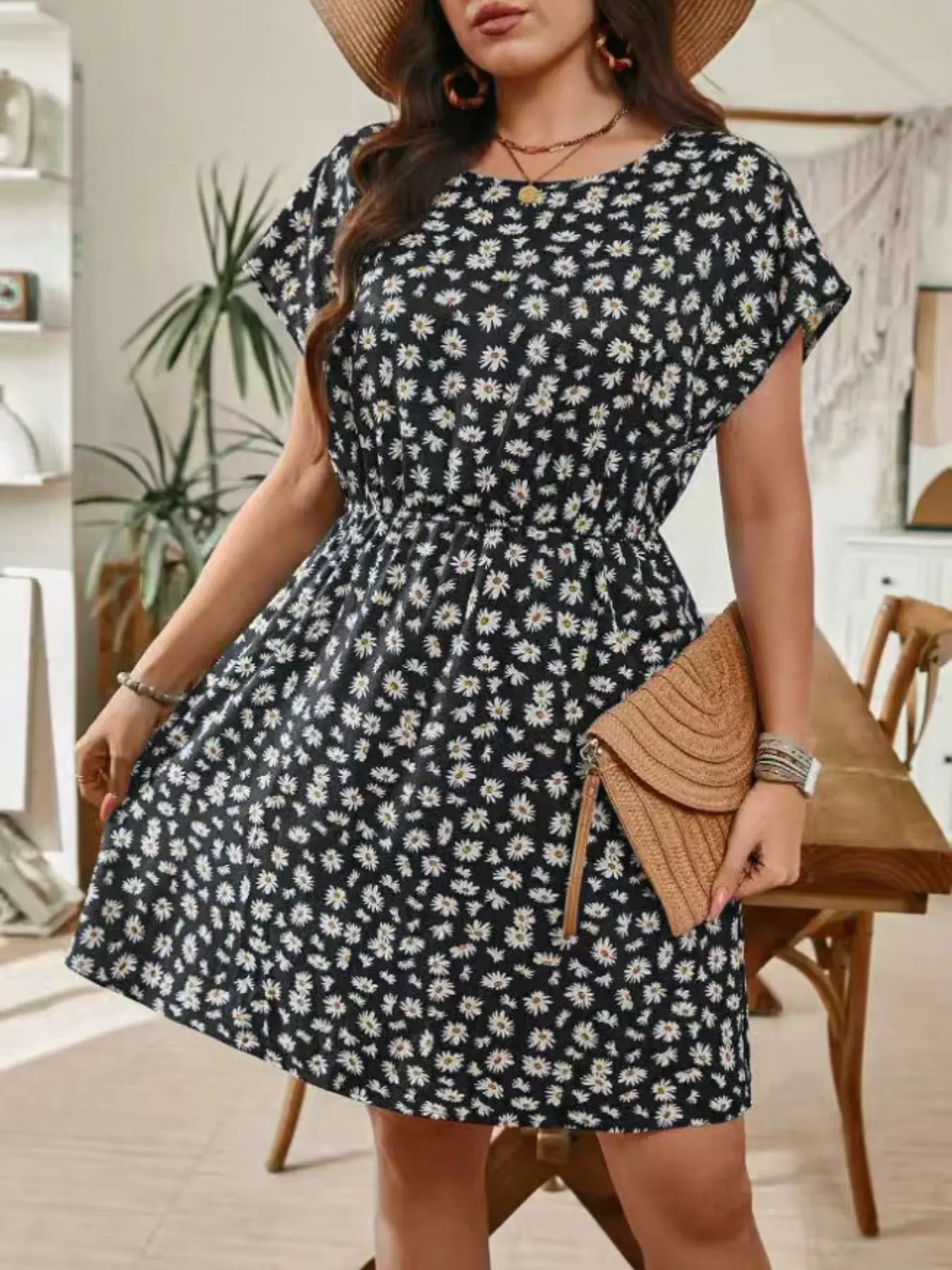 Plus Size Women's Mid-Length Dress, Small Floral Print Round Neck Batwing Sleeves Waist Holiday Casual Boho Fit, Summer Fashion, Boho Style Floral
