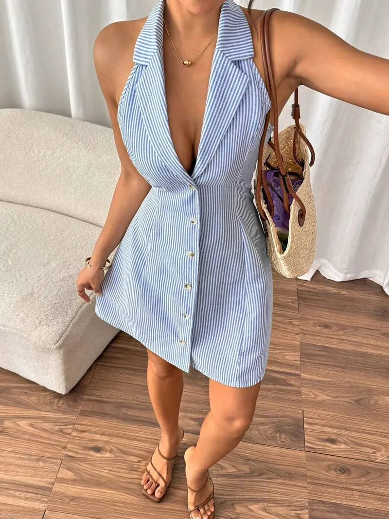 sachin and babi light blue dress Fashion Black And White Stripes Women's Striped Backless Dress
