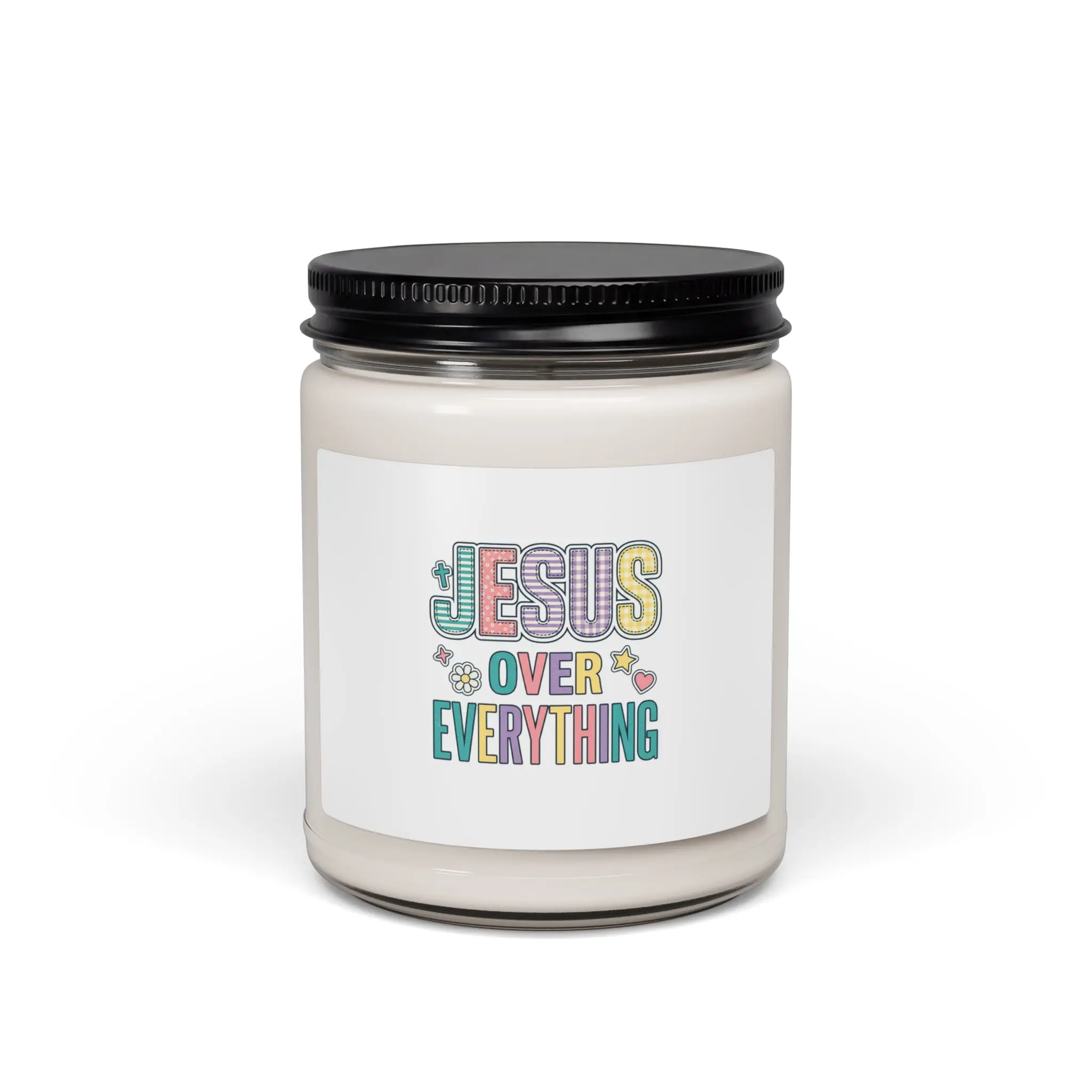 Christian Jesus Over Everything Soy Glass Jar Candle - Colorful Rainbow Scripture Design, Cozy Scented Wick Candle for Home Decor, Kitchen Universal Use