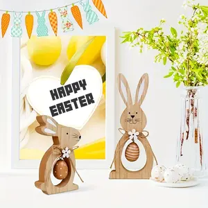 2Pcs Wooden Rabbit & Egg Centerpiece Set, Floral Easter Table Decor for Home Party Celebration