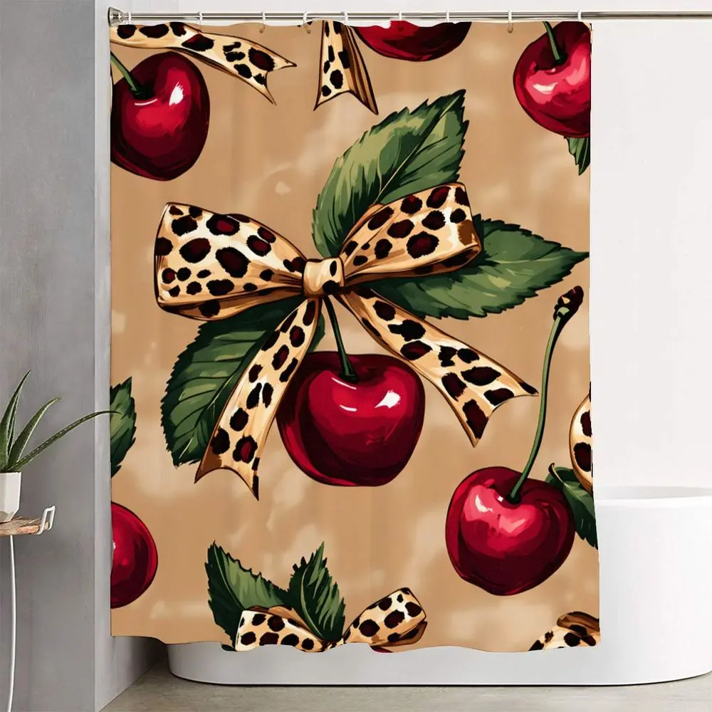 1/4pcs Chic Retro Cherry & Leopard Print Bathroom Decor Set, Shower Curtain Sets, Shower Curtain, Bath Mat, U-Shaped Toilet Mat, Toilet Lid Cover for Cozy Fall Vibe - Warm Tan & Deep Red Accents with Bows, Bathroom Decoration Accessories