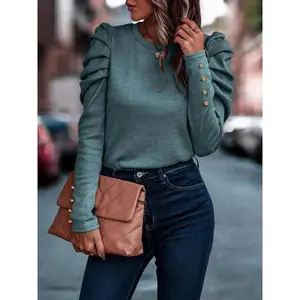 New Autumn/Winter High Stretch Cashmere Slim Fit Bubble Sleeve Long-Sleeve Top with Round Neck