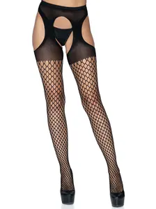Women's Oval Fishnet Crotchless Suspender Hose Lingerie - Soft, Comfortable Fabric Stockings with Belt, Top for Daytime Leg Wear
