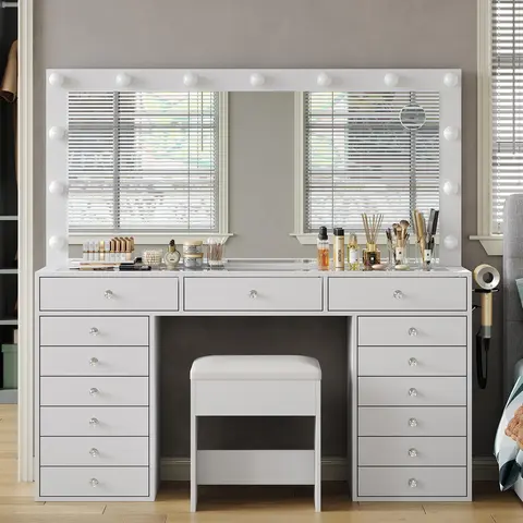 FUSOU 55" W Vanity Desk [Shipping by 2 Packages] Makeup Vanity with Charging Station, 15 Drawers Vanity with Lighted Mirror, 3 Lighting Modes, Brightness Adjustable, Glass Top, Vanity Table with Chair for Bedroom,SummerVibe