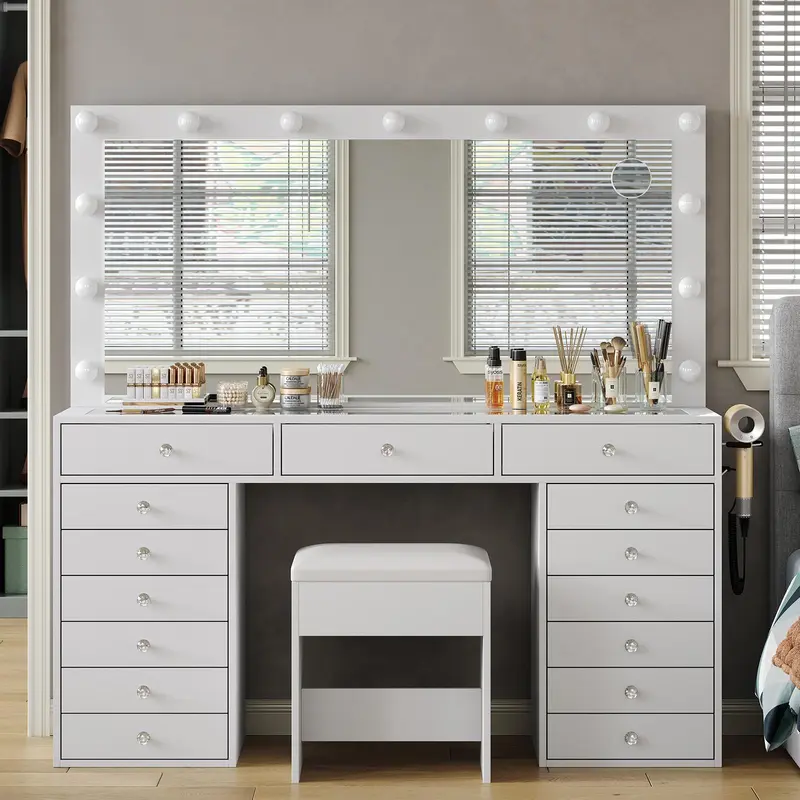 FUSOU 55" W Vanity Desk [Shipping by 2 Packages] Makeup Vanity with Charging Station, 15 Drawers Vanity with Lighted Mirror, 3 Lighting Modes, Brightness Adjustable, Glass Top, Vanity Table with Chair for Bedroom,SummerVibe