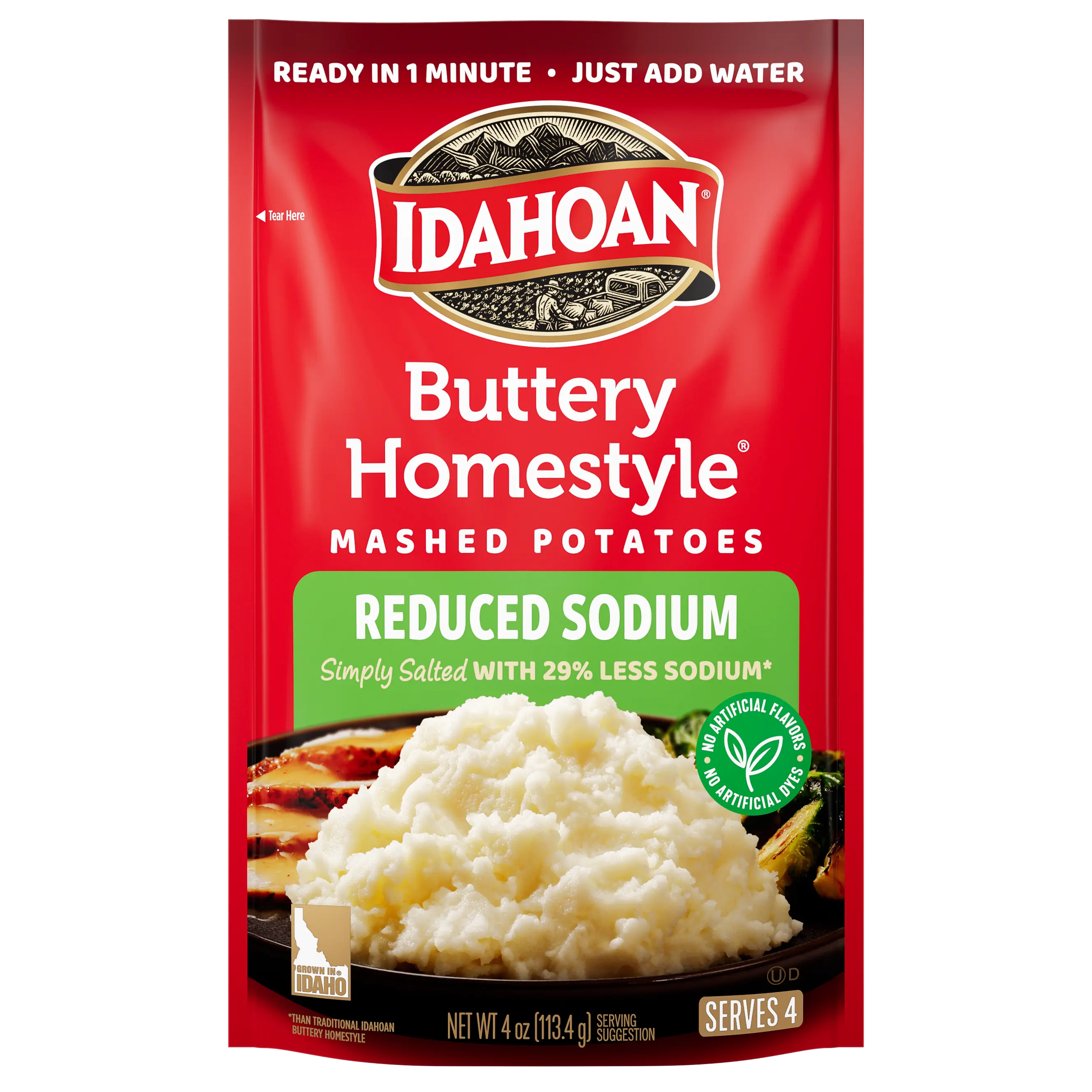 Idahoan Buttery Homestyle Reduced Sodium Mashed Potatoes, 4 oz, Pack of 12