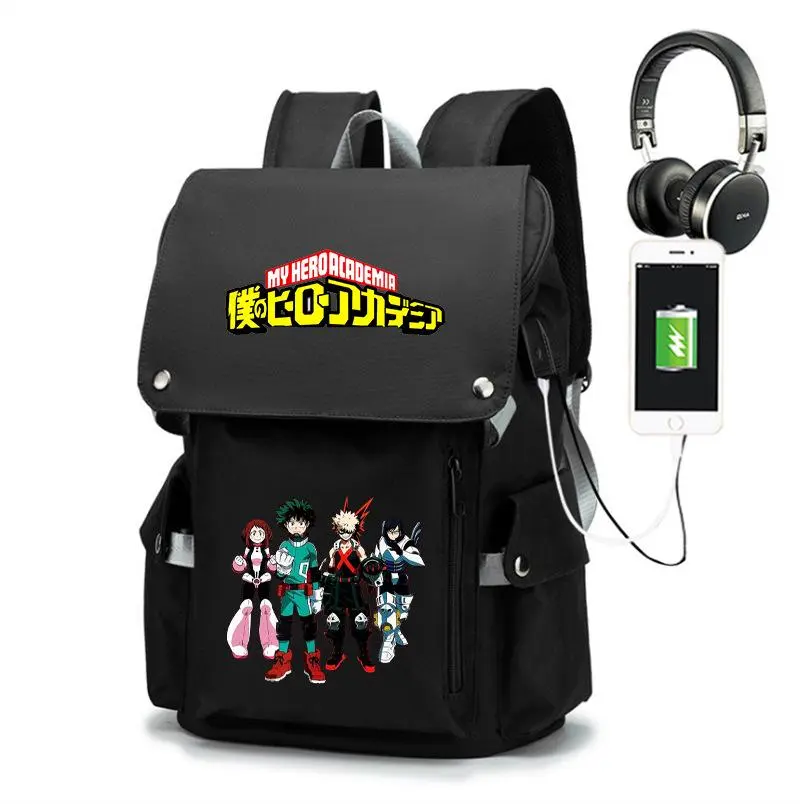 My Hero Academia Main Character Flap Backpack, Teens Black Oxford Backpack With USB Charging & Headphone Port