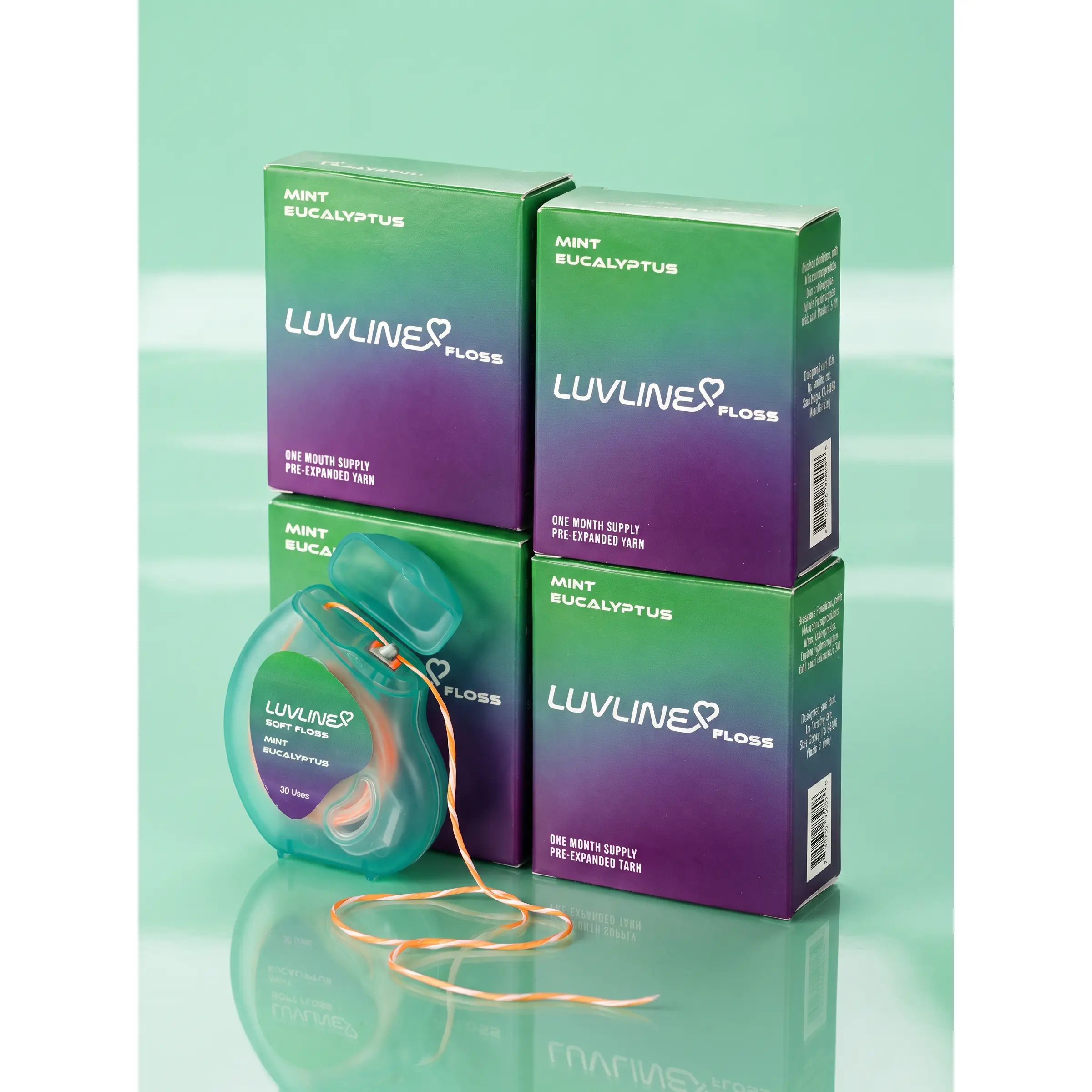 LUVLINE Mint Eucalyptus 4-Piece Set — 4pc Pre-Expanded Dental Floss with Vitamin E, Dentist-Designed Oral Care to Fight Cavities — 4 Softfloss Spools (1 month supply each)