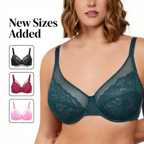 HSIA Enchante & Mermaid Scales & Pretty In Petals Plus Size Lace Sheer Mesh Minimizer Bra Unlined Non Padded Bra Full Coverage Lifting Support Daily Large Bust Bras Petite to Full Figure Sizes Lightweight Breathable Comfort Back Smoothing Bra