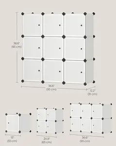 Cube Storage Organizer, Set of 9 Plastic Cubes, Closet Storage Shelves, DIY Plastic Closet Cabinet, Modular Bookcase, Shelving with Doors for Bedroom, Living Room, White