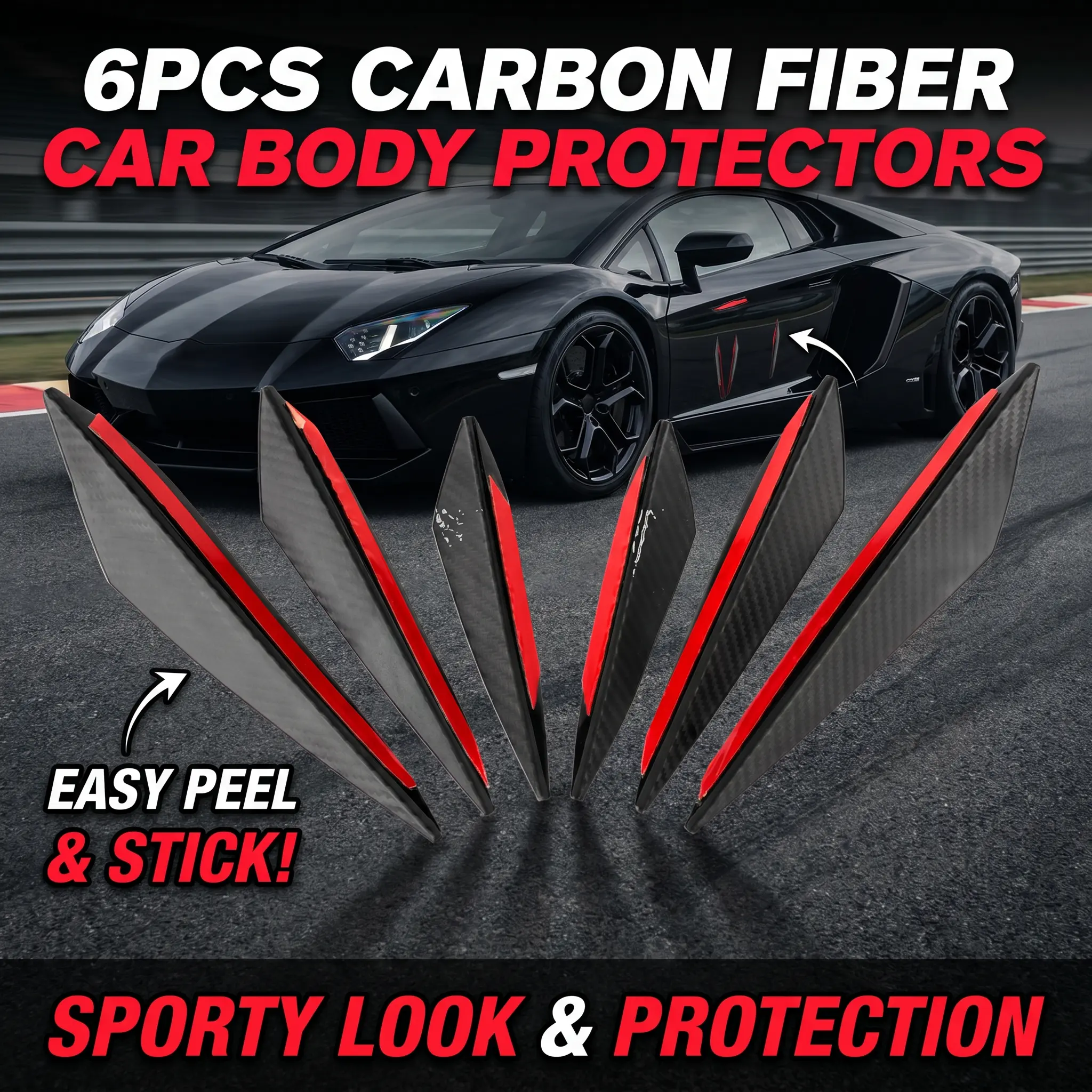 6PCS Car Bumper Guard, Carbon Fiber Style Front Bumper Canards, Universal Anti-Collision Protector Stickers, Car Front Lip Splitter Decor Accessories