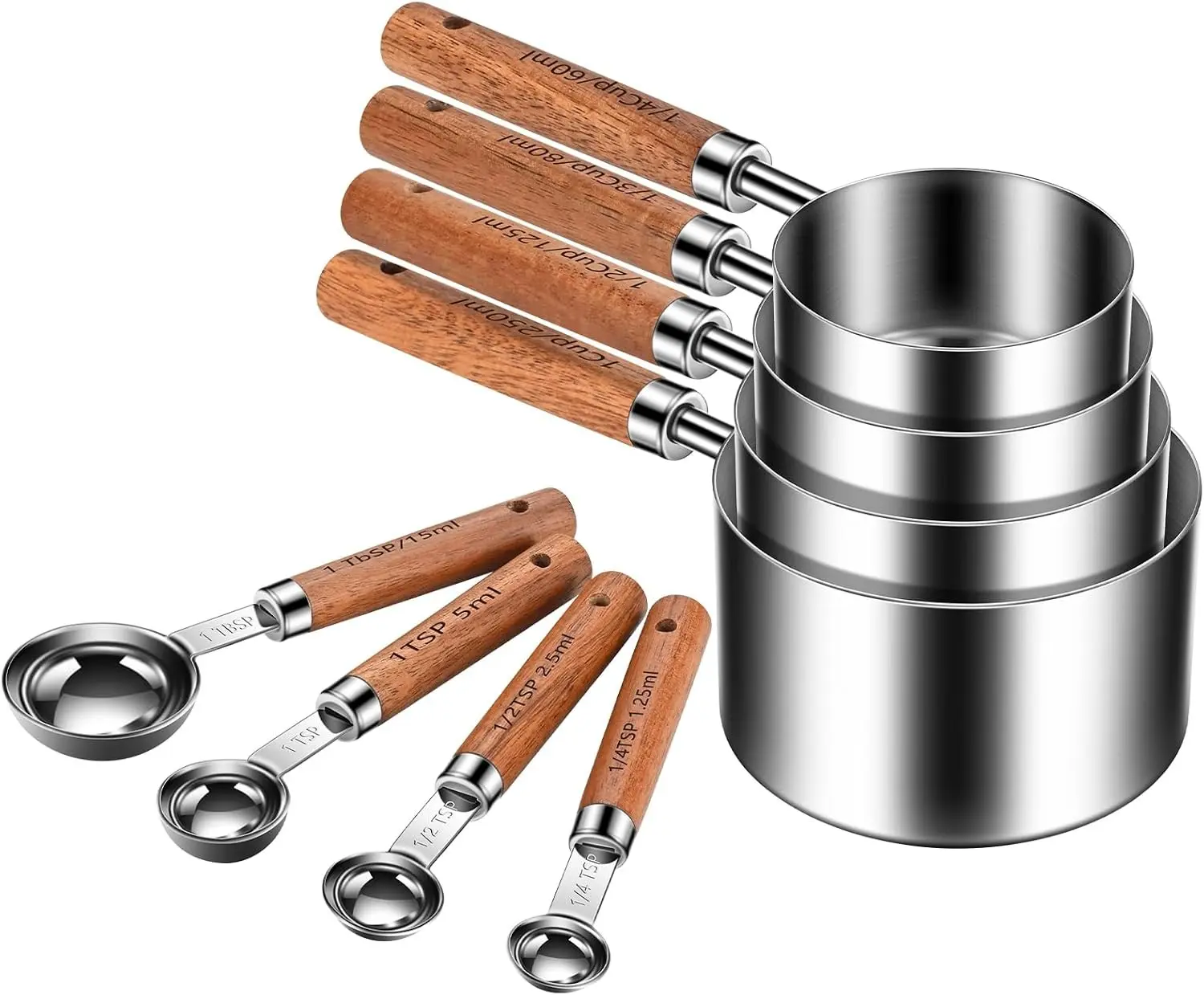 Wooden Handle Measuring Cups & Spoons Set 8-Piece – Stainless Steel, Stackable, Rustic Farmhouse Kitchen Gadgets, Non-Toxic, Dishwasher Safe, Gift for Bakers & New Homeowners.