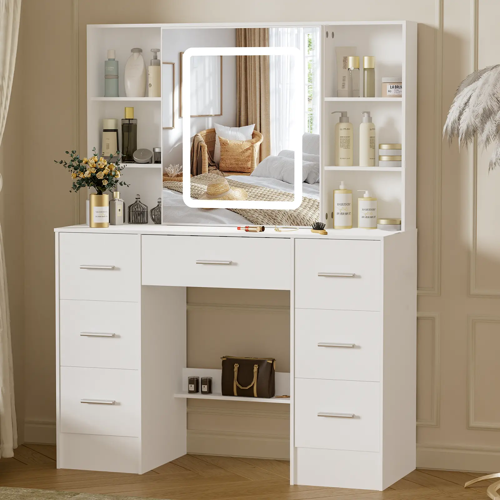 Vanity Desk with Sliding Mirror and LED Lights, Makeup Makeup Desk with 7 Drawers & Storage Shelves, Vanity Table 3 Color Modes Adjustable Brightness Dressing Table Set for Gifts beautiful