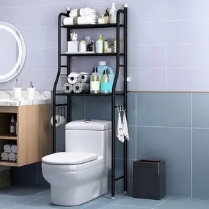 Space-Saving 3-Tier Over Toilet Storage Rack - Stainless Steel Bathroom Freestanding Shelf with Removable Towel Hooks & Toilet Paper Holder - Organizer for Restroom, Laundry, Black