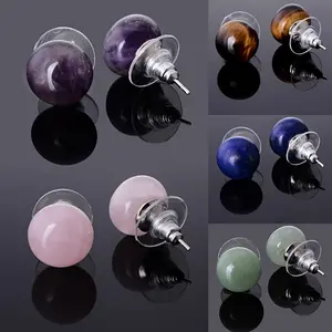 Natural Stone Stud Earrings for Women Healing Crystal Amethyst Rose Quartz Pink Natural Stone Bead Ball Stud Earrings Women's Fashion Jewelry Accessories