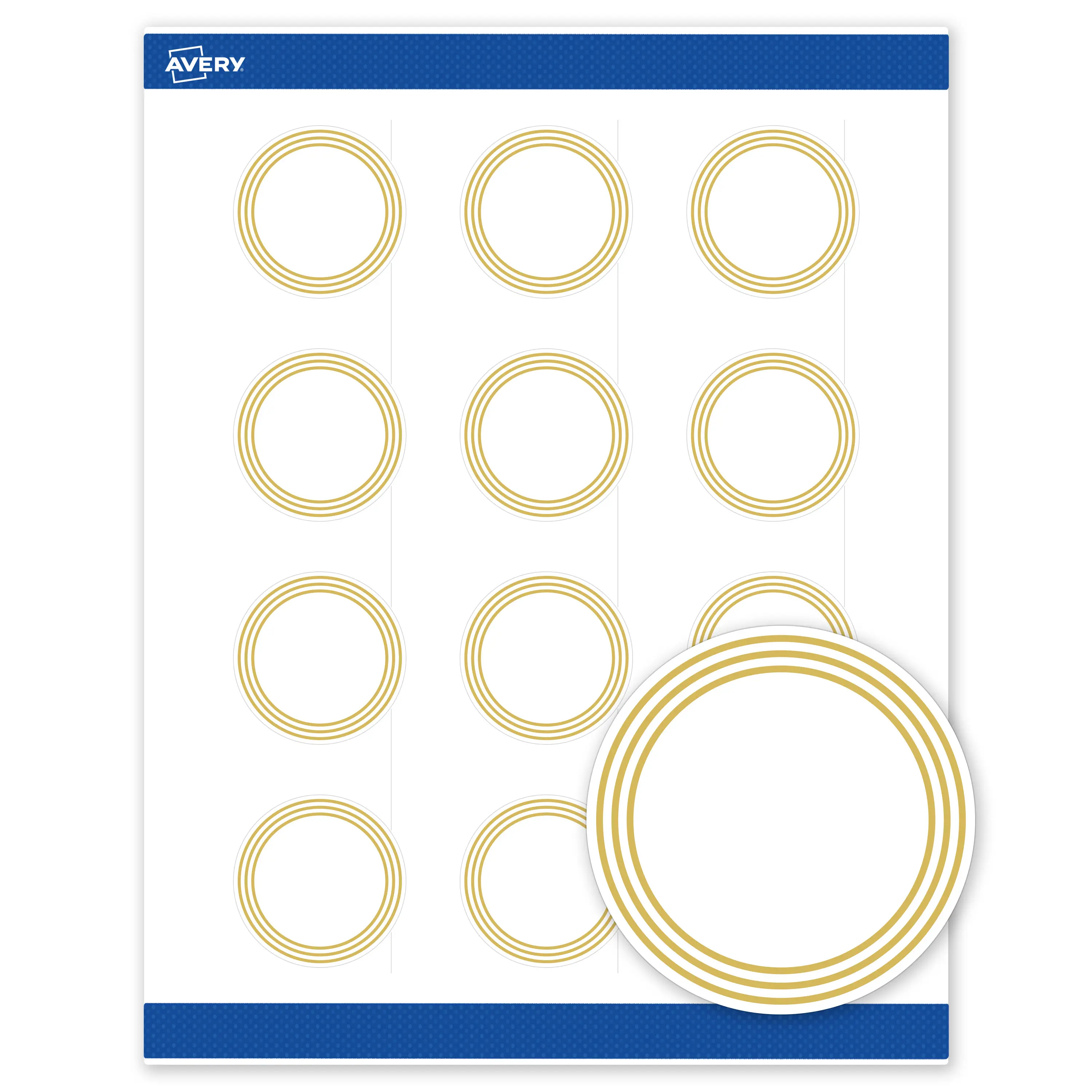 Avery Printable Round Labels with Sure Feed Technology, Multi-Lined Gold Border Design, 2" Diameter, Matte White Permanent Labels, Laser/Inkjet, 120 Total, Great for Product Labels