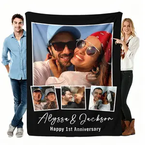 Custom Photo Anniversary Blanket Flannel, Couple Names With Soft Throw, Cozy Warm For Sofa Bed Travel, Gift For Her Him Girlfriend Boyfriend Friend, 1st Anniversary Birthday Friendship Love Keepsake Decor