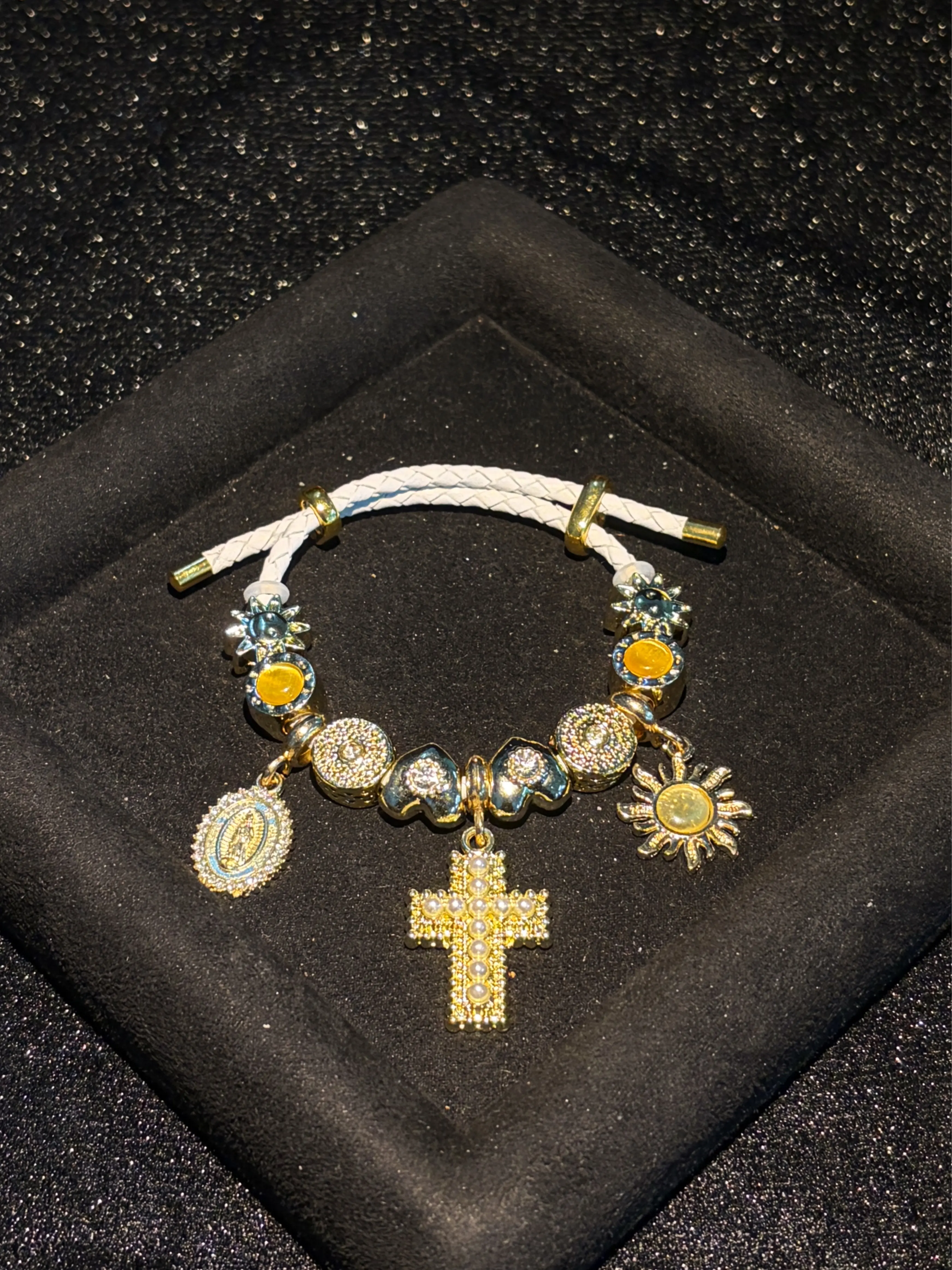 Women Boho Dangle Charm Pull‑Cord Bracelet, Gold‑Tone White Woven Rope Bracelet, Faux Pearl Cross Sun & Virgin Mary Medallion Charms, Sparkly Rhinestone Beaded Adjustable Stackable Jewelry, Stylish Present for Ladies Teen Girls