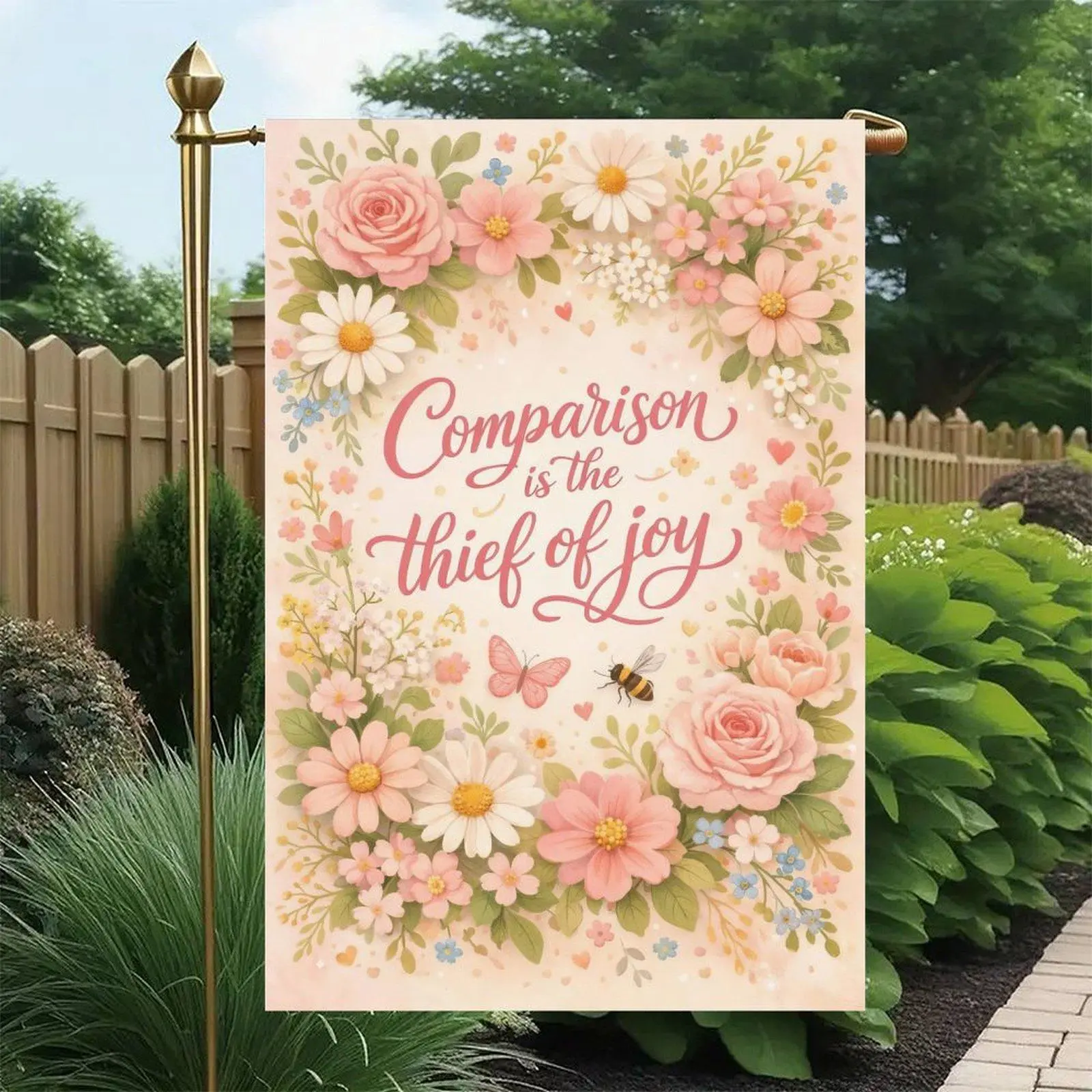 Comparison Is The Thief Of Joy Pastel Pink Daisy Rose Bee Butterfly Soft Floral Positive Self Love Garden Flag Double-Sided 12x18in, Cheerful Happy Daily Yard Decor Flag