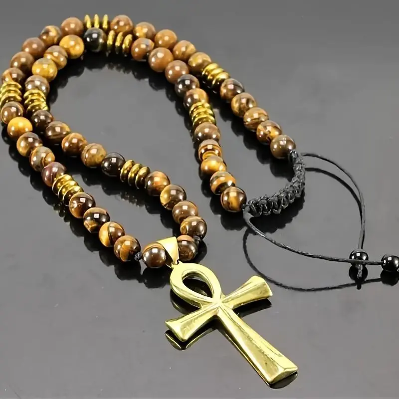 Fashionable Ankh Cross Necklace with Natural Black Onyx Beads, Adjustable Macrame Cord and Copper Pendant - Meaningful Protection Symbol Gift, Pendant Design, Ankh Necklaces, Long Necklaces