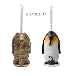 Penguin Toilet Brush Holder with Compact Plastic Brush, Resin Brush Rack, Space-Saving, Leak-Proof, Easy Assembly, Bathroom Accessories