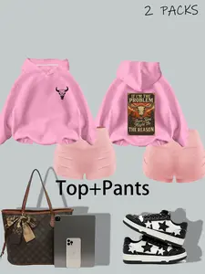 Women's Spring Autumn New 2-Piece Set, Hooded Top with Western Bull Head Design, Sports Yoga Slim Shorts, Daily for Teens