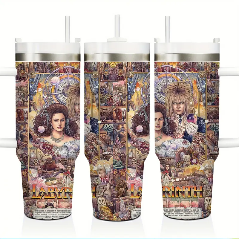 Labyrinth Fantasy Movie 40oz Tumbler with Handle and Straw, 304 Stainless Steel Insulated Sports Car Cup, Leakproof Travel Mug, Keeps Cold up to 24 Hours and Hot up to 12 Hours, Large Capacity Coffee Water Cup for Gym, Car, Office, Home