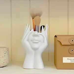 Creative Face Shaped Makeup Brush Holder, Unique Hand Design Organizer for Vanity, Desk, or Dresser Decor