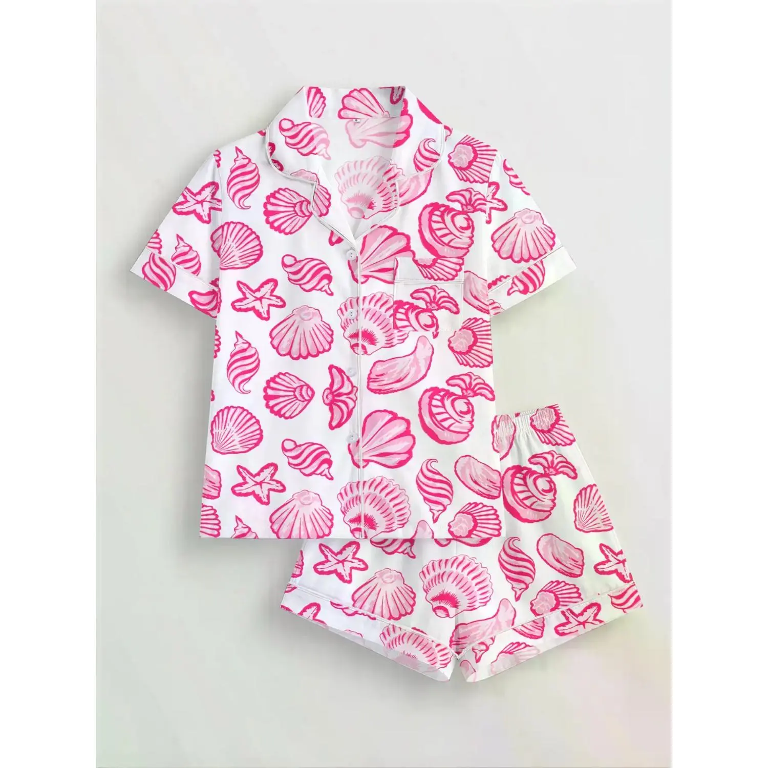 Women's Ocean Shell Print Pajama Set, Short Sleeve Button-Up Top & Elastic Waist Shorts, Casual All-Season Sleepwear, Loungewear for Everyday Comfort