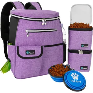 Petami Dog Travel Bag Backpack, Airline Approved Dog Bags for Traveling, Puppy Diaper Bag Supplies, Pet Camping Essentials Hiking Accessories Dog Mom Gift, Food Container, Collapsible Bowls, Purple PetAmi
