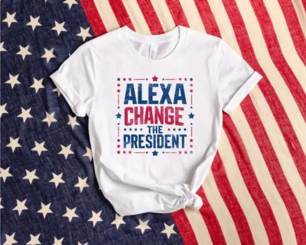 Men's Short-Sleeve Cotton Blend Graphic T-Shirt - Round Neck, "Alexa Change the President" Supportive Message, Casual Fit Streetwear Top, All Seasons Menswear, Cold & Machine Washable, Shortsleeve, Graphic T Shirts