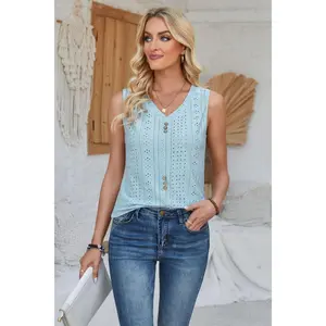 Eyelet Decorative Button V-Neck Tank - Stylish Tank for Versatile Wear with Eyelet Detailing Basic Womenswear