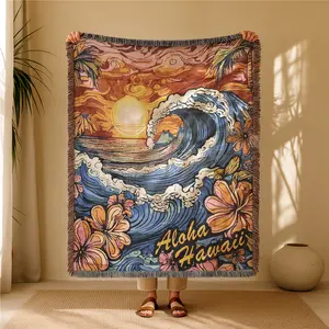 Hawaiian Waves Pattern Bohemian Yarn Jacquard Woven Blanket with Tassel, Thick Soft Washable Blanket, Used for Home Decor Sofa Chair Bed Tapestry Tablecloth Floor Garden Picnic Outdoor Camping