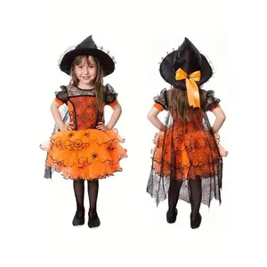Girls' Halloween Pumpkin Witch Dress with Spider Cloak - Orange & Black party outfit, Tulle tutu, for Toddlers 472.44inch-4T (Baby to Kids) - Halloween, Birthday, Fall Party - Easy-to-Wear Witch Clothes, Halloween Clothes, Festive Kids Attire, Decorative