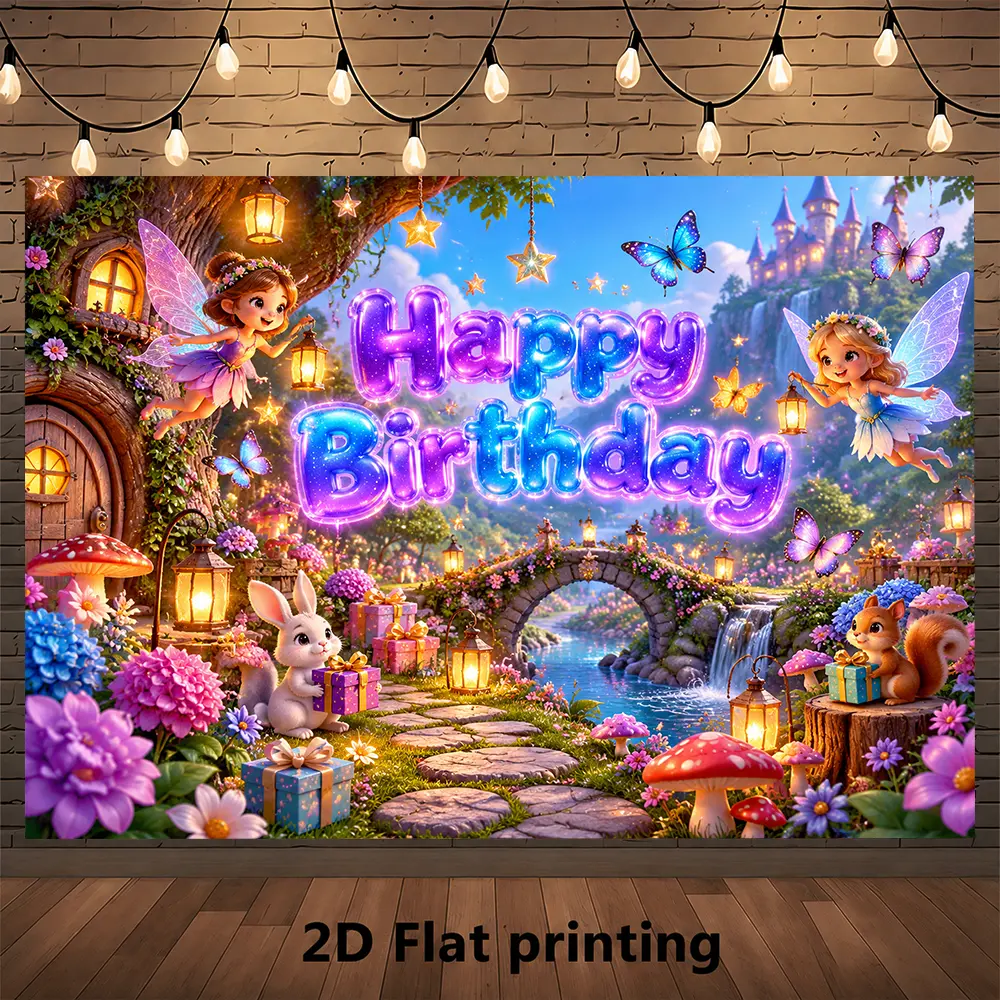 Happy Birthday Enchanted Garden Backdrop, Colorful Floral Butterfly Fantasy Photography Background for Dreamy Birthday Party Photo Booth and Celebration Decor
