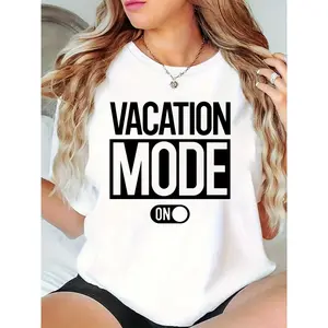 Women's Vacation Mode On Graphic T-Shirt, Casual Summer Beach Travel Top, White Loose Fit Tee for Ladies