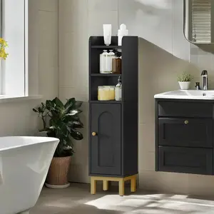 Bathroom Storage Cabinet, Small Corner Floor Cabinet with Door and Shelves, Narrow Toilet Paper Holder, Bathroom Organizer with Adjustable Shelf, for Small Spaces, Black